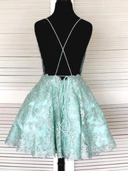 Backless Short Mint Green Lace Prom with Straps,Graduation Homecoming Dresses