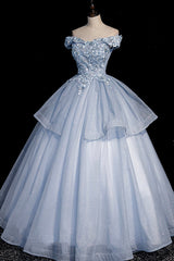 Ball Gown Blue Tulle Lace Long Party Dress, Off the Shoulder Evening Dress