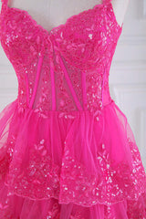 Ball Gown Corset Layered Fuchsia Prom Dresses Sweetheart Sequin