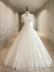 Ball Gown Off-the-Shoulder Floor-Length Tulle Wedding Dresses With Appliques Lace