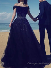 Ball Gown Off-the-Shoulder Sweep Train Tulle Prom Dresses With Beading