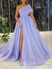 Ball Gown One-Shoulder Sweep Train Organza Prom Dresses With Leg Slit