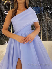 Ball Gown One-Shoulder Sweep Train Organza Prom Dresses With Leg Slit