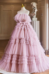 Ball Gown Pink Tulle Spaghetti Strap Long Prom Evening Dress, Pink Sweet 16 Dress