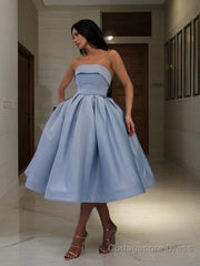 Ball Gown Strapless Tea-Length Satin Homecoming Dresses With Ruffles