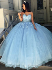 Ball Gown Sweetheart Sweep Train Tulle Prom Dresses With Appliques Lace