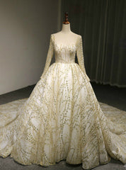 Ball Gown Tulle Gold Sequins Lace Long Sleeve Backless Wedding Dress With Long Train