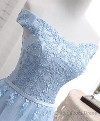 Sky Blue A Line Lace Off Shoulder Prom Dress, Lace Evening Dresses