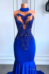 Royal Blue High Neck Sleeveless Mermaid Prom Dress with Beadings