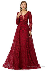 Beaded Wine Red Long V neck Sleeves Prom Dresses