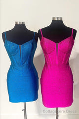 Royal Blue Beaded Sheath Deep V Neck Homecoming Dress