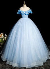 Beautiful Light Blue Tulle Off Shoulder Sweet 16 Dress, Light Blue Formal Dress