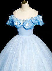 Beautiful Light Blue Tulle Off Shoulder Sweet 16 Dress, Light Blue Formal Dress