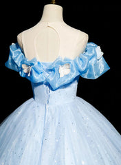 Beautiful Light Blue Tulle Off Shoulder Sweet 16 Dress, Light Blue Formal Dress