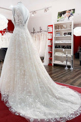 Beautiful Long A-Line Lace Appliques Tulle Open Back Wedding Dresses