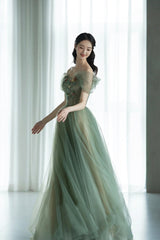 Beautiful Tulle Flowers Long Prom Dress, Green A-Line Formal Evening Dress