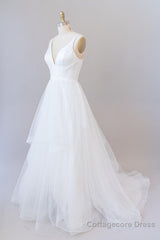 Beautiful White Long A-line V-neck Tulle Backless Wedding Dress