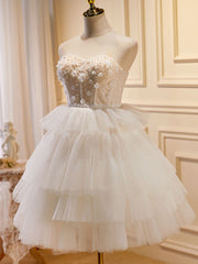 Beige Sweetheart Neck Tulle Puffy Short Prom Dress, Beige Homecoming Dress