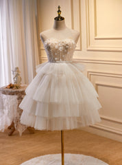 Beige Tulle Sweetheart Beading Flower Homecoming Dress