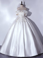 Beige White Satin Off the Shoulder Embroidery Quinceanera Dress