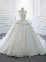 Best Discount And High Quality Ivory White Ball Gown Tulle Appliques Sweetheart Wedding Dress