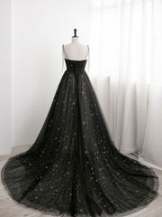 Black A line Sweetheart Neck Tulle Long Prom Dresses, Black Formal Graduation Dresses