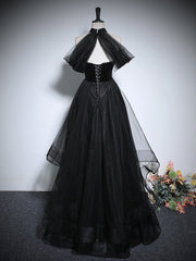 Black A-Line Tulle Long Prom Dress, Black Long Evening Dress