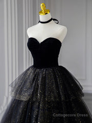 Black  A-Line Tulle Shiny Tulle Long Prom Dress, Black Tulle Formal Dresses