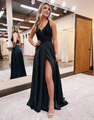 Black A-Line V-Neck Satin Prom Dress with Slit