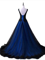 Black and Blue V-neckline Lace Applique Long Formal Dress, Black and Blue Prom Dress