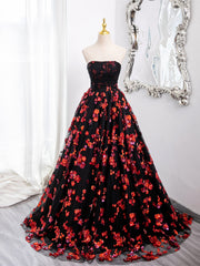 Black and Red Off Shoulder Floral Tulle Formal Dress, Floor Length Party Dress