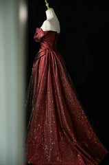 Black and Wine Red Satin Off Shoulder Formal Dress, A-line Long Prom Dress