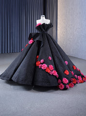 Black Ball Gown Strapless Flower Prom Dress