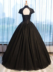 Black Cap Sleeves Long Tulle Party Dress, Black Prom Dress