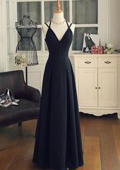 Black Chiffon Straps Long A-line Junior Prom Dress, Black Party Gowns