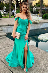 Black Corset Off the Shoulder Long Prom Dress with Slit