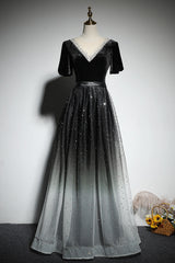 Black Gradient tulle and Velvet Short Sleeves V-neckline Tulle Party Dress, Black Tulle Prom Dress