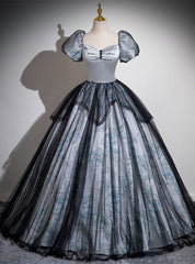 Black Gray Tulle Puff Sleeve Beading Quinceanera Dress