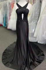 Black Halter Long Prom Dress with Corset Top and Slit Skirt