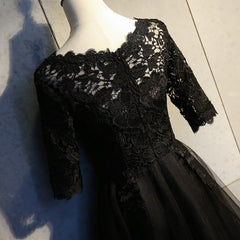 Black Lace and Tulle Short Sleeves Party Dresses Formal Dress, Black Homecoming Dresses