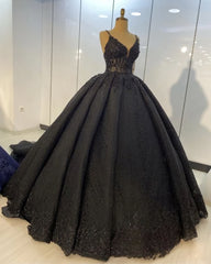 Black lace ball gown dresses for wedding , spaghetti straps prom dress