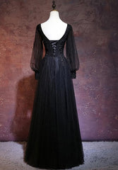 Black Long Sleeves V-neckline Evening Dress, Black Prom Dress