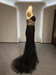 Black Mermaid Lace Prom Dresses, Black Mermaid Lace Formal Evening Dresses