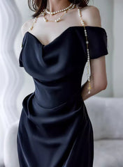 Black Off Shoulder Soft Satin Floor Length Party Dress, Black Satin Evening Dress