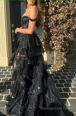 Black Off The Shoulder Tiered Prom Dress