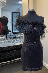 Black One Shoulder Sequins Short Homecoming Dress with Feathers