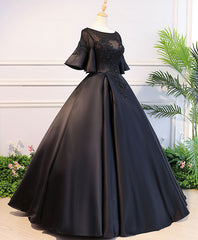 Black Round Neck Satin Lace Long Prom Dress, Sweet 16 Dress