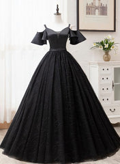 Black Satin and Tulle Ball Gown Off Shoulder Evening Dress Party Gown, Black Long Formal Dress