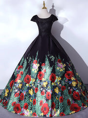 Black Satin Lace Top Print Cap Sleeve Quinceanera Dress