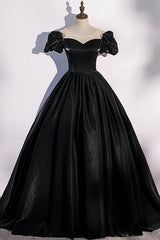 Black Satin Long Prom Dress, Black A-Line Short Sleeve Evening Dress